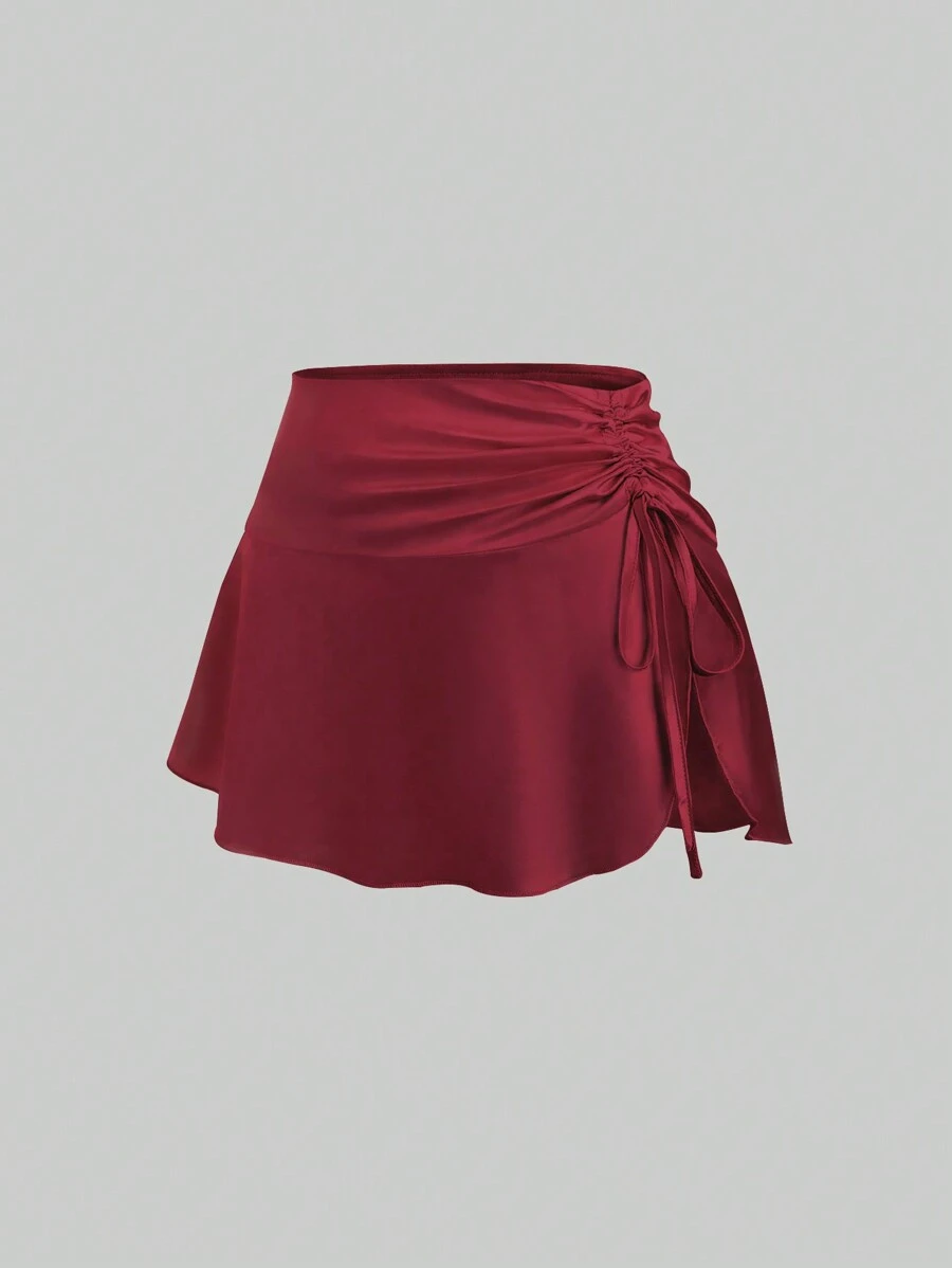 Sweetra 纯色褶裥缎面抽绳迷你裙 - 休闲度假酒红色 - 酒紅色 - 查看 1