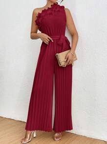 Chiquease 女士优雅纯色单肩褶皱连体裤，夏季 - 酒紅色 - 查看 3