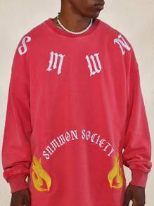 SUMWON Legacy Collection 设计师运动衫火焰图案印花街头服饰限量版秋冬超大舒适套头衫运动都市休闲 - 紅色 - 查看 3