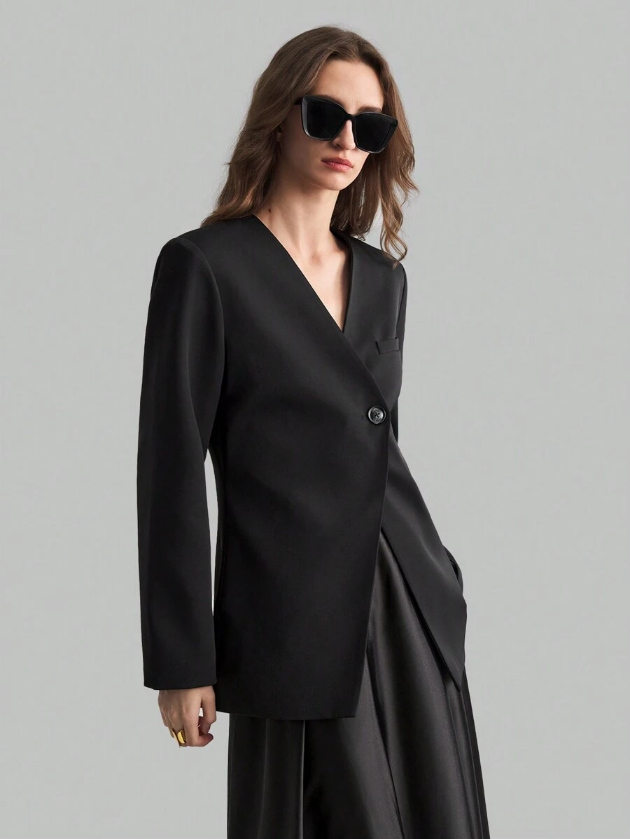 Ontre Áo khoác Blazer dáng ôm cổ chữ V màu đen thanh lịch mùa xuân mới 2025 cho nữ - màu đen - Xem 1