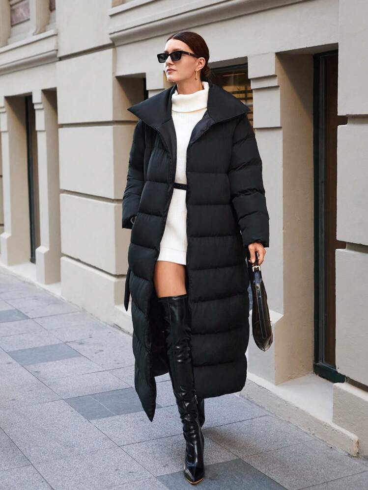 EURMUSE Oversize Belt Detailed Winter Coat - Black - View 7