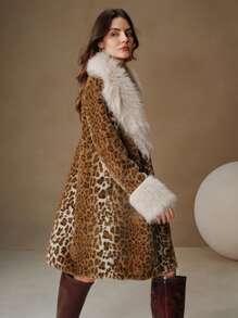 Anewsta 蓬松豹纹蓬松边饰 A 字腰长款女士外套 - 彩色 - 查看 8