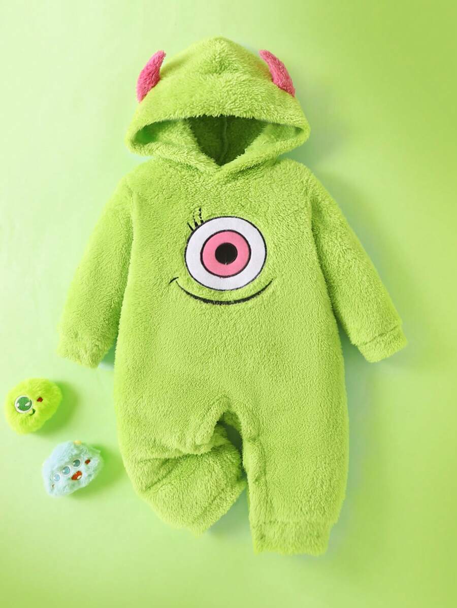 SHEIN Playful Pals Baby Girl Autumn Winter Lime Monster Embroidered Jumpsuit - Green - View 1