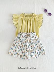 Cozy Pixies 2 件套少女拼色荷叶边衬衫和花卉装饰蝴蝶结短裤套装 - 黃色 - 查看 4