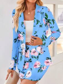 SHEIN Clasi 2pcs/Set Stand Collar Long Sleeve Allover Print Blouse And Mini Skirt Casual Suit - Baby Blue - View 3