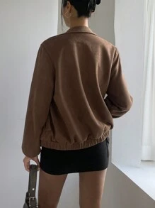 DAZY Women Solid Color Long Sleeve Zipper Casual Faux Leather Jacket, Spring Autumn,Fall Women Clothes - Brown - View 4