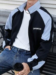 Manfinity Homme Men's Black & Blue Letter Patchwork Zip-Up Jacket - Multicolor - View 2