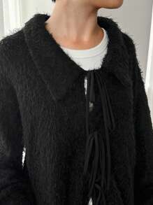 FRIFUL Áo cánh tay dài cổ đứng buộc phía trước rộng rãi cho nữ mùa thu/đông - màu đen - Xem 8