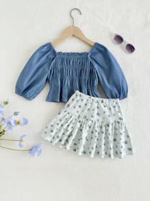 Cozy Pixies Young Girl Solid Color Square Neck Bubble Short Sleeve Top And Skirt Set - Blue - View 2