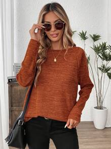 SHEIN LUNE 春季纯色插肩袖T恤，休闲款 - 鏽棕色 - 查看 4