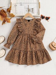 Emery Rose Kids Emery Rose Kids 年轻女孩夏/秋季豹纹荷叶边荷叶边袖连衣裙，非常适合夏秋季休闲日常穿着和上学日常穿着 - 彩色 - 查看 2