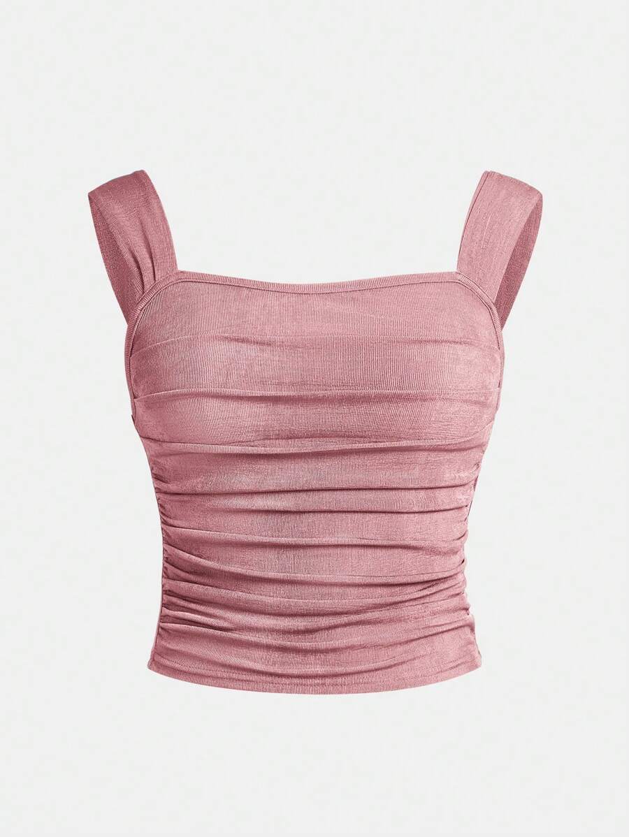 SHEIN Chicas adolescentes Top fruncido correa ancha - Rosa vieja - Ver 1