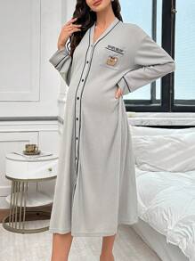 Cartoon Bear Letter Embroidered Pocket Long Sleeve Maternity Nightgown, For Fall, Winter