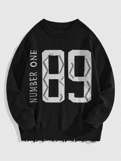 Street Life Men's Distressed Numeric Pattern Jersey Crew Neck Knit Sweater