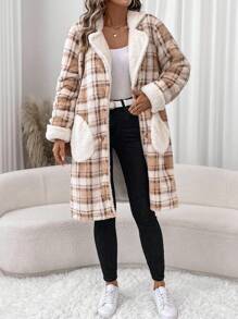SHEIN LUNE Women's Regular Plaid Fleece Long Jacket For Autumn & Winter