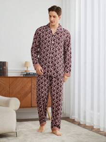 Men's Letter Print Long Sleeve Shirt And Pants Home Wear Set - Multicolor - View 6