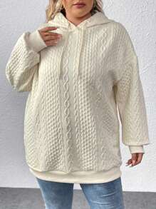 SHEIN CURVE+ Curve Plus Cable Knit Drop Shoulder Drawstring Hoodie - Apricot - View 5