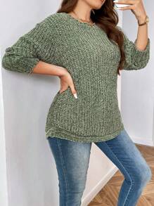 Calvaya 大码女式纯色简约圆领长袖针织套头衫，秋冬款 - 綠色 - 查看 6