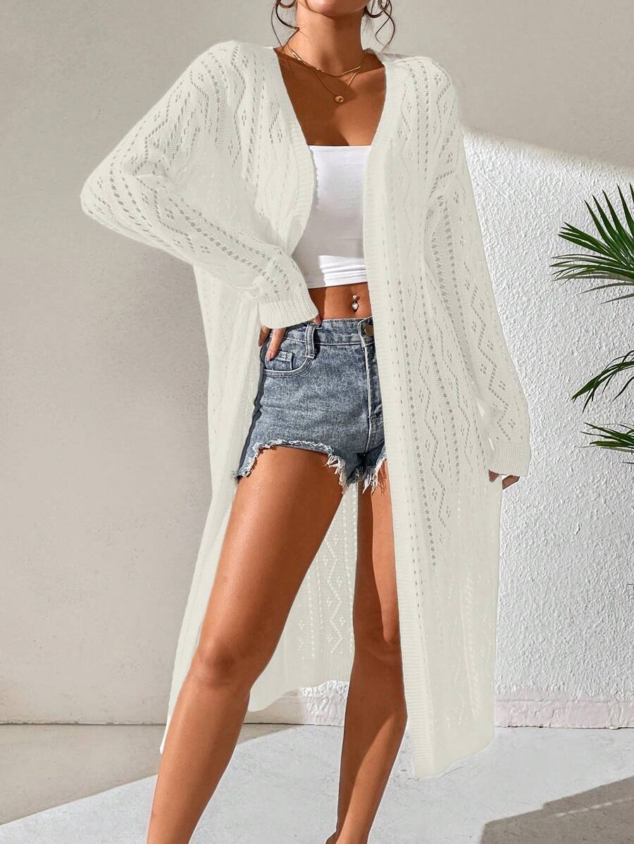 SHEIN Swim Women's Solid Color Minimalist Long Sleeve Kimono Cover Up Summer - Beige - View 1