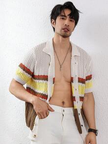 Manfinity Homme 男式前扣短袖条纹拼布休闲针织上衣 - 白色 - 查看 7