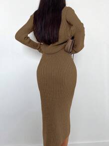 EURMUSE Solid High Neck Sweater & Knit Skirt - Brown - View 6