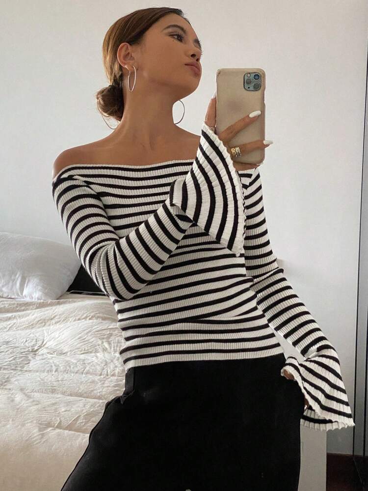 Striped Open Shoulder Knit Blouse,Fall Clothes Women Sweater Off Shoulder Top