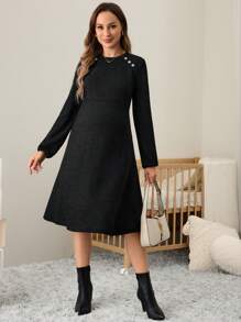 SHEIN Váy bầu tay dài dệt kim màu trơn cho bà bầu, mùa thu/đông - màu đen - Xem 6