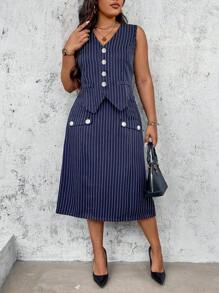 SHEIN Clasi Plus Size Women's Summer Striped Single-Breasted Vest And Midi Skirt Casual Suit