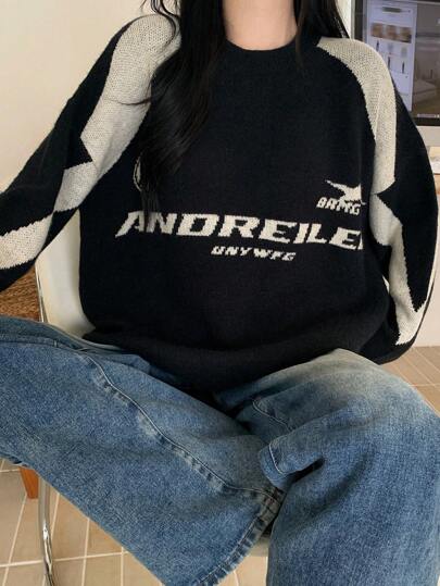 DAZY 女士休闲拼色字母装饰宽松插肩袖毛衣，秋冬季，七分袖上衣