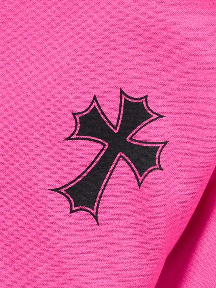 Conjunto de sudadera con capucha estampada de cruz y vestido con tirantes plisados para niña preadolescente, primavera otoño - Rosa Fucsia - Añade 8