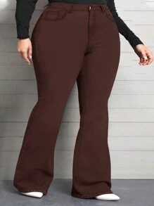 SHEIN CURVE+ 大码纯色弹力喇叭牛仔裤 - 酒紅色 - 查看 6