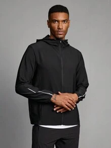 Manfinity Running 男友风格男士纯色长袖拉链连帽运动夹克，4 季 - 黑色 - 查看 5