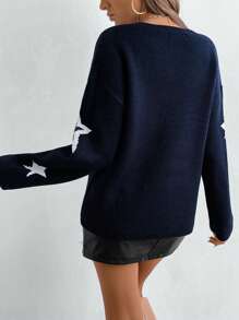 Chiquease Women's Casual Star Pattern Knit Sweater For Spring And Fall Knit Pullover Fall Winter Outfit - Navy Blue - View 2