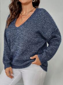 SHEIN LUNE Große Größen Damen V-Ausschnitt Drop Shoulder Locker Lässig Pullover Pullover für Herbst und Winter Strickpullover Herbst - Blau - Übersicht 4