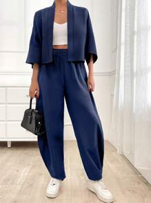 EURMUSE 2pcs/Set Casual Solid Color Daily Co-Ord Set - Jacket And Pants Day Time Navy Blue Autumn - Navy Blue - View 6
