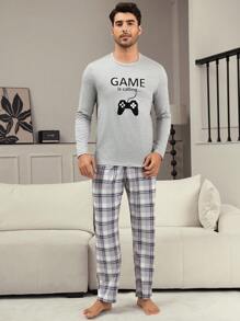 Men's Statement Gamepad Print Crew Neck Loungewear Set With Plaid Pants - Grey - View 1