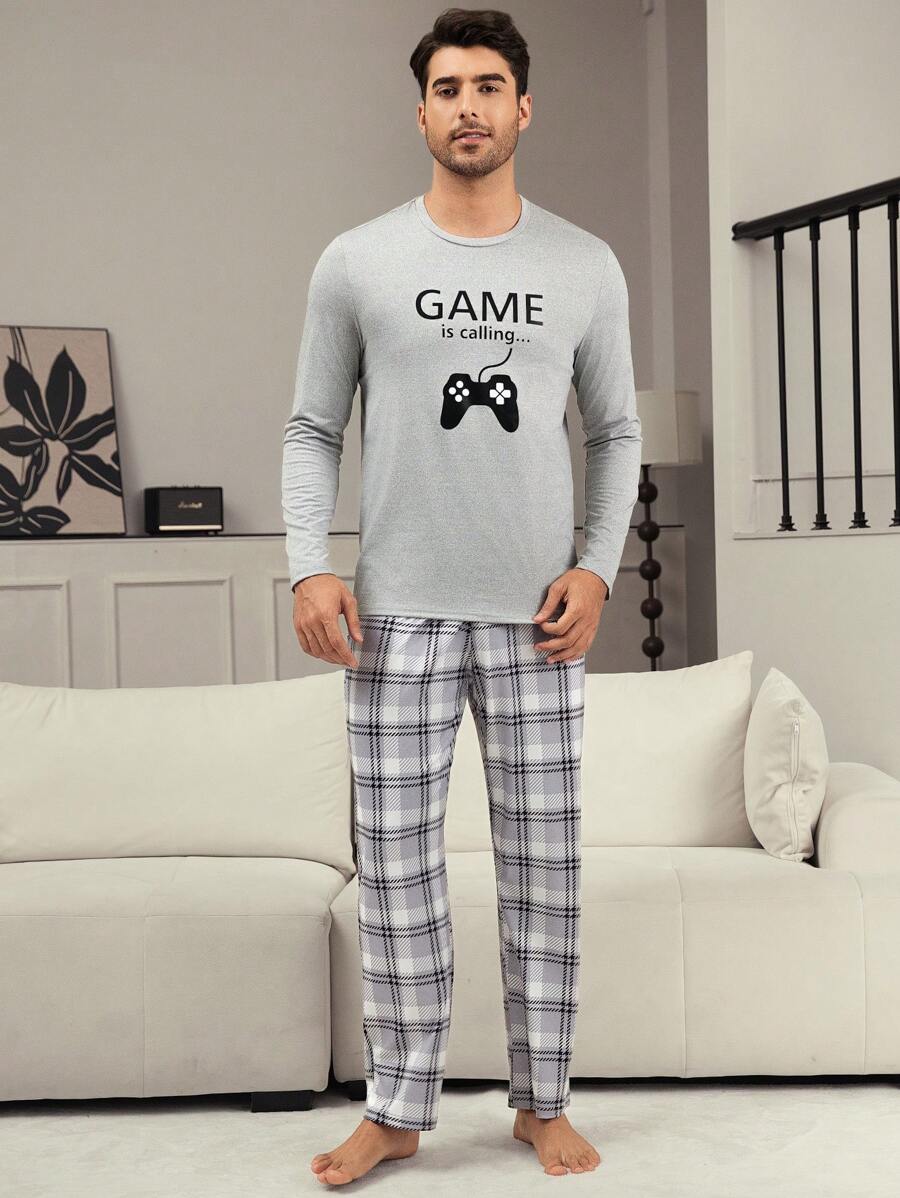 Men's Statement Gamepad Print Crew Neck Loungewear Set With Plaid Pants - Grey - View 1