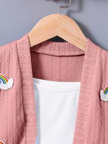 Girls Colorful Rainbow Print Blue Jacket + Pleated Skirt 2pcs Set, Back-To-School