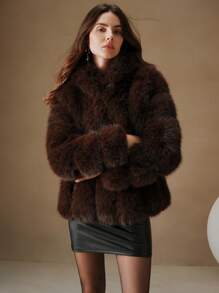 Anewsta Áo khoác lông cáo giả thời trang mới cho nữ, áo khoác lông ấm áp cho mùa thu đông - Cà phê nâu - Xem 4