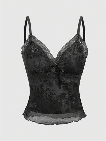 Fairycore Camiseta de tirantes con estampado de encaje y contraste para mujer