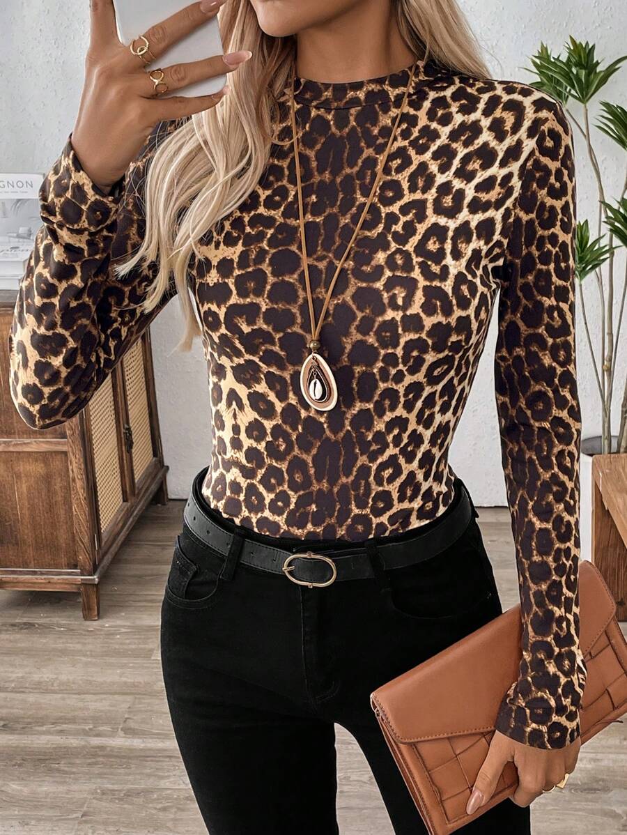 EMERY ROSE Fashion Leopard Print Slim Fit T-Shirt, Spring Autumn - Brown - View 1