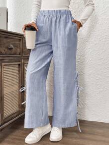 SHEIN LUNE Women's Casual Regular Striped Basic Daily Lace-Up Slit Leg Pants - Blue and White - View 3