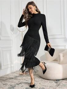 Modelyn 女士高领长袖流苏下摆休闲连衣裙、度假长款晚礼服 - 黑色 - 查看 5