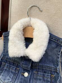 SHEIN Áo khoác denim xanh không tay cổ lông giả dễ thương cho bé gái, Quần áo thu đông cho bé gái - Rửa tối - Xem 4