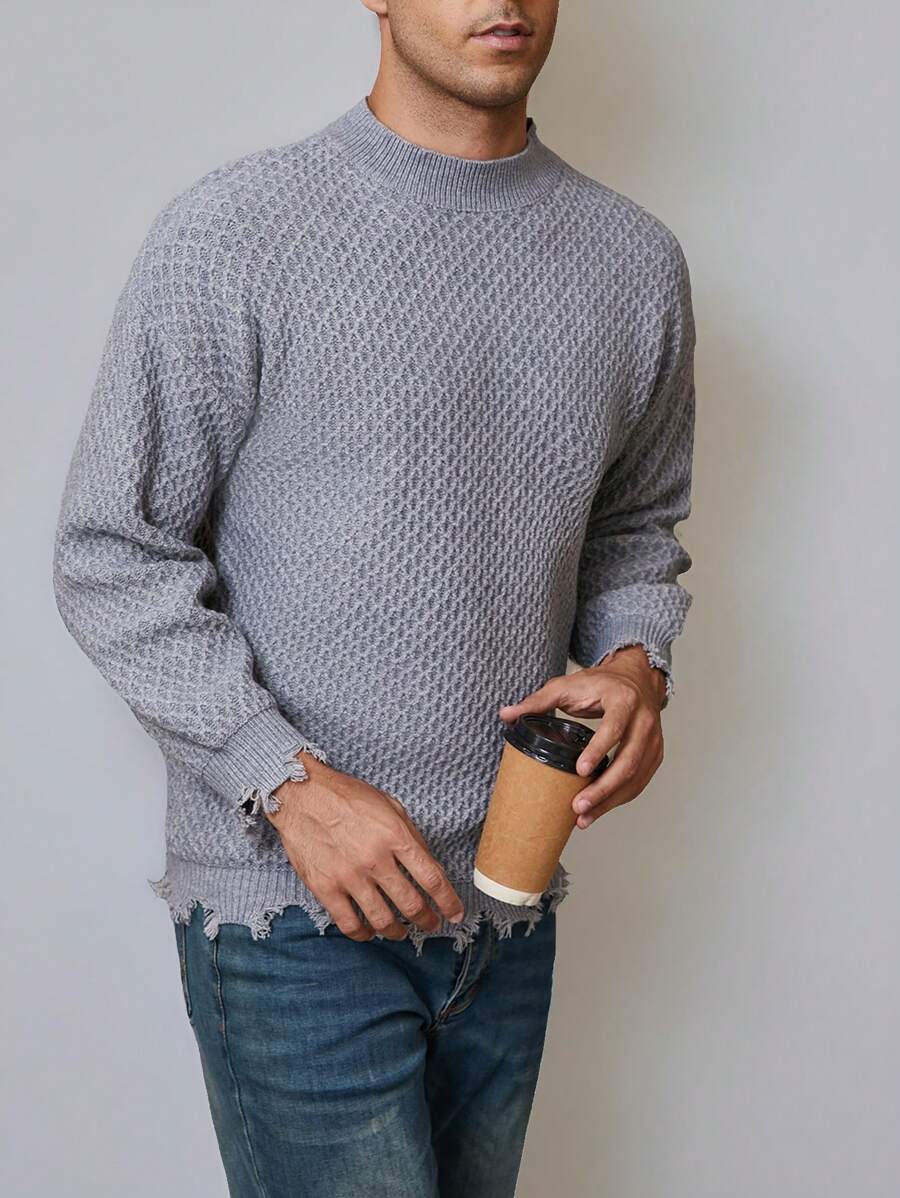 Manfinity Homme Men's Casual Solid Color Frayed Hem Sweater, Spring Autumn