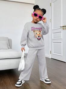 SHEIN Leap Crew 女童休闲针织印花卫衣裤套装（2件套），适合秋冬季节，灰色 - 灰色 - 查看 4