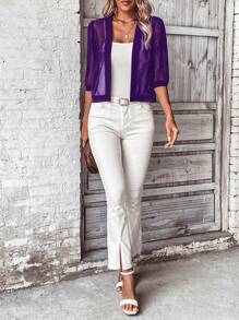 SHEIN LUNE Women's Solid Color Sheer Short Sleeve Jacket - Violet Purple - View 4