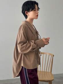 FRIFUL 女士纯色领口前系带长袖休闲衬衫 - 灰色 - 查看 8