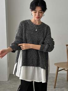 FRIFUL Áo len chui đầu rộng rãi màu tương phản dành cho nữ với thiết kế 2 trong 1 và xẻ tà bên hông - Xám - Xem 5