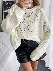 Chiquease 女式宽松纯色落肩长袖毛衣，秋季 - 白色 - 查看 3